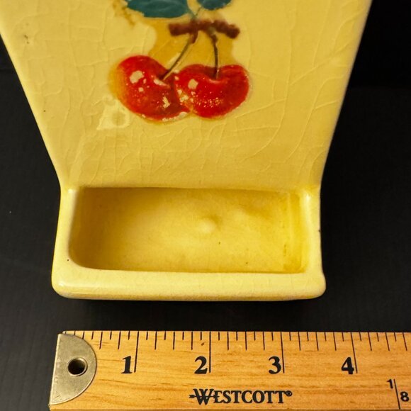 Vtg Porcelain Wall Mount Match Box Holder Stick Matches Yellow Red Cherries Deco - Picture 3 of 7